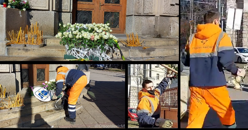 Beograd- radnici komunalnog uklanjaju cvijeće i svijeće za poginule medicinare