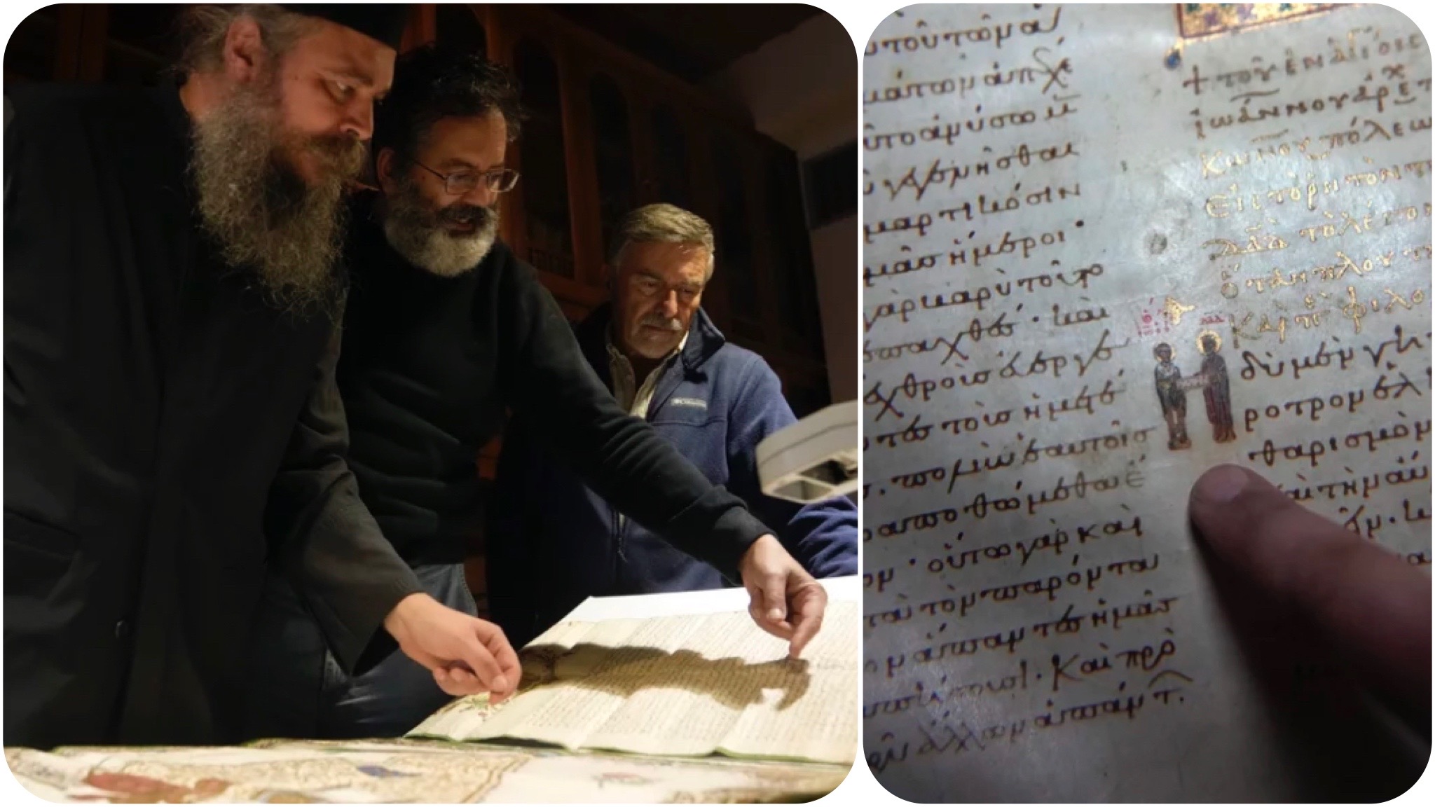 Otac Teofilo, monah Pantokrator, pokazuje rukopis u biblioteci manastira Pantokrator na Svetoj Gori, severna Grčka, u četvrtak, 13. oktobra 2022. godine.