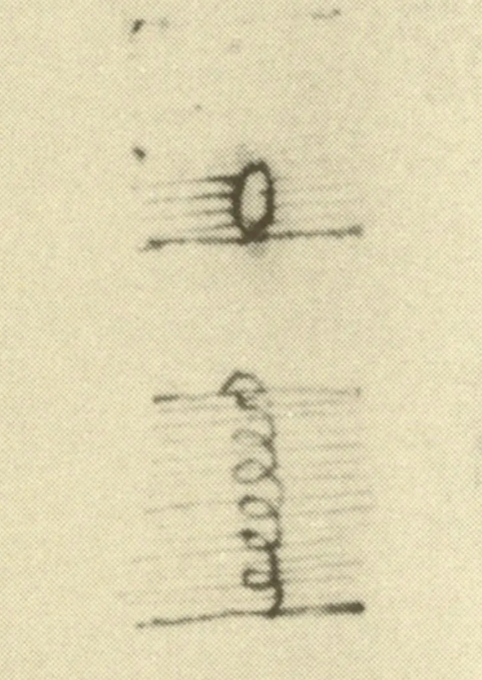 Leonardo’s sketch showing the spiral motion of an ascending bubble from his manuscript known as the Codex Leicester