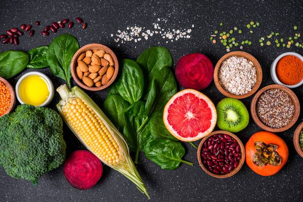 Selection of healthy food fresh vegetables and fruit.