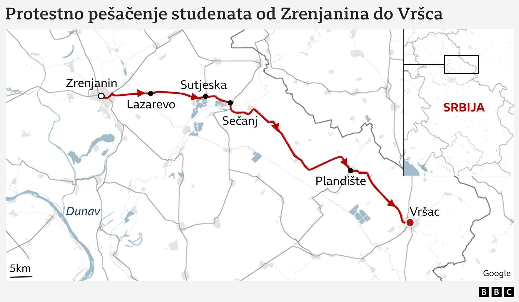 Mapa rute pešačenja studenata od Zrenjanina do Vršca