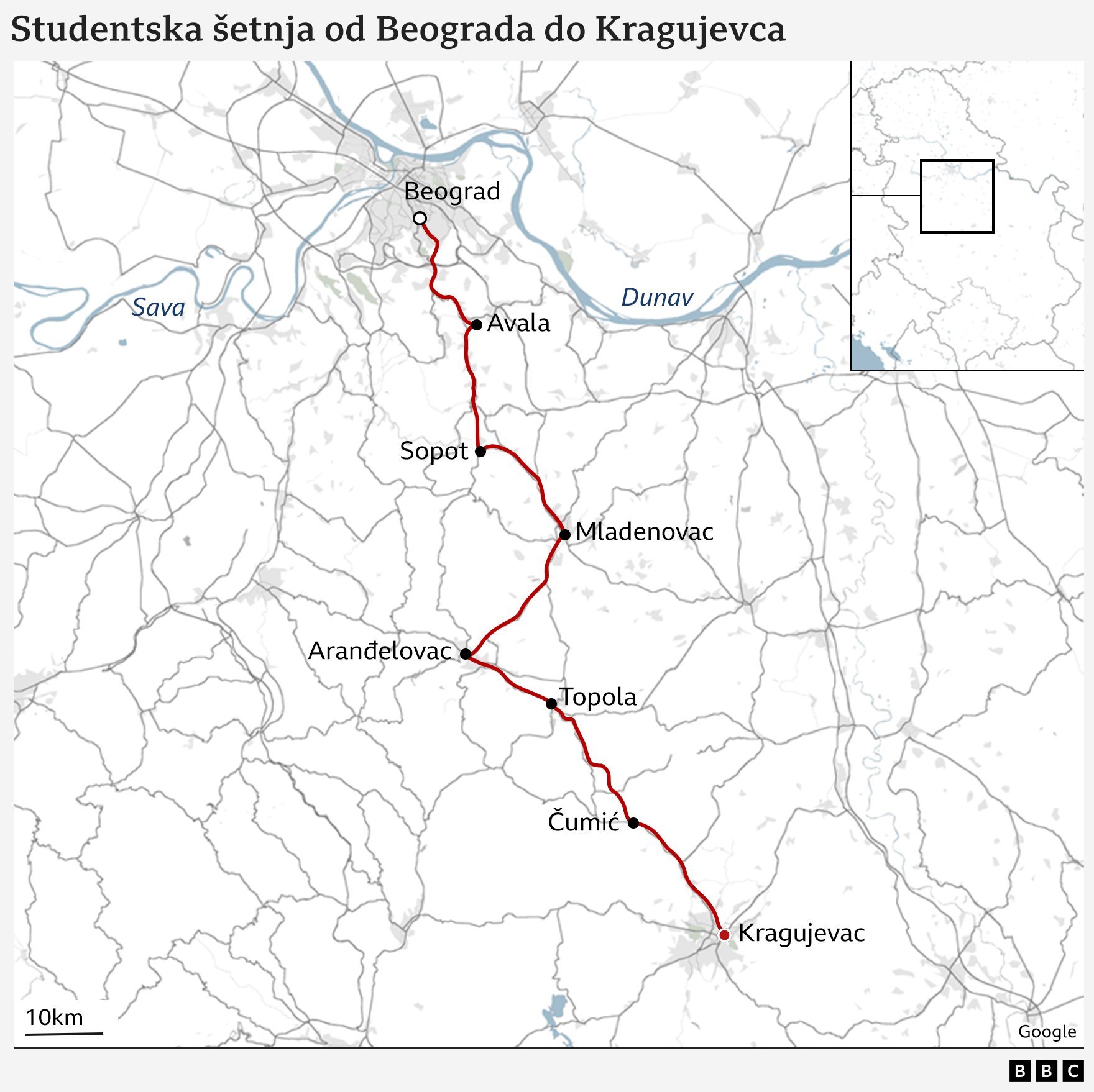 mapa, studentski protest, studenti pešače do Kragujevca